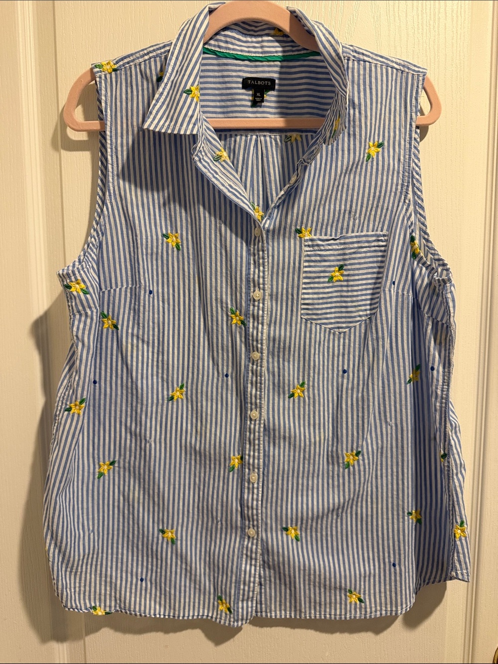Talbots Blue Stripe Sleeveless Button-Up Top with Yellow Floral Embroidery